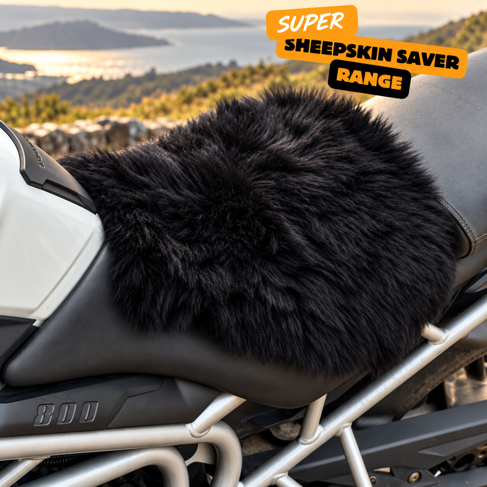 Super Sheepskin Saver 'The Nomad' Adventure Motorcycle Long Wool Sheepskin Seat Pad - Black Only